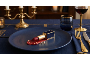 Open lipstick bullet plated like food, illustrating how much lipstick you eat over a lifetime