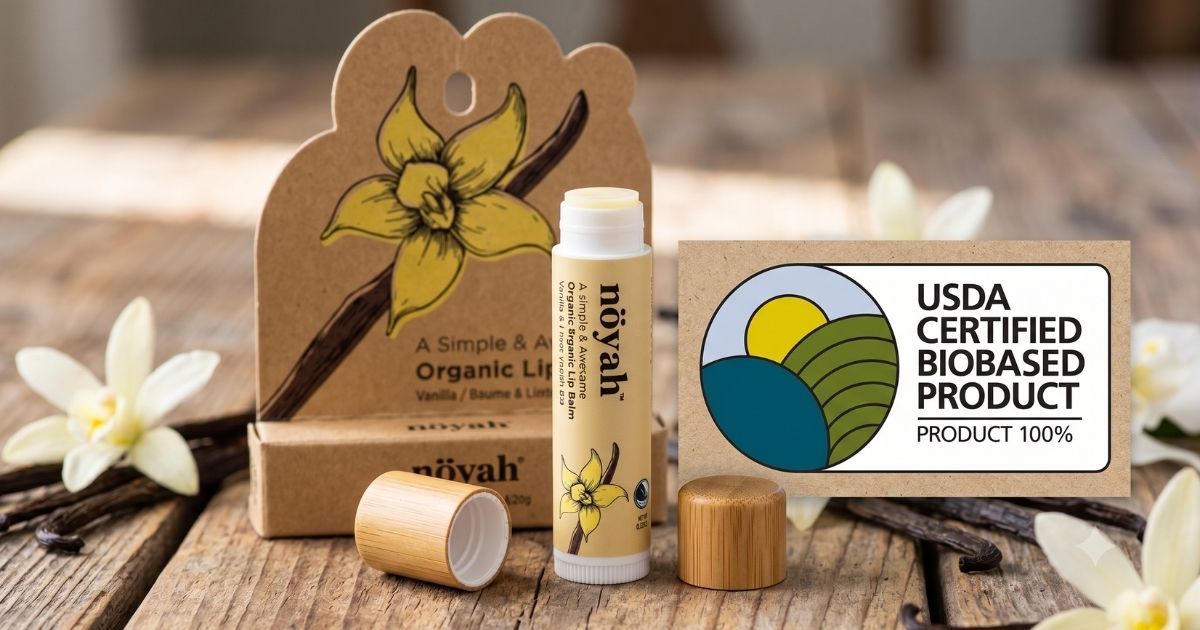 USDA Certified Biobased Product label explained, shown with a natural lip balm